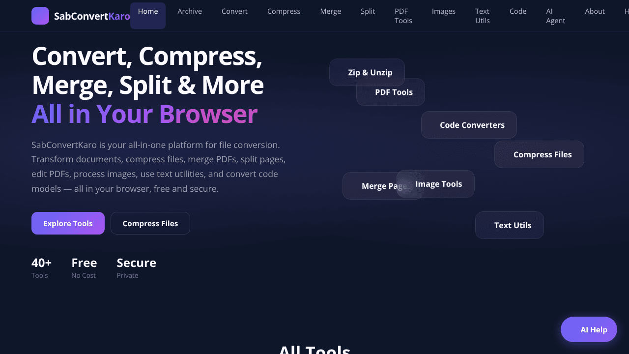 SabConvertKaro – 40+ Free File Tools website screenshot