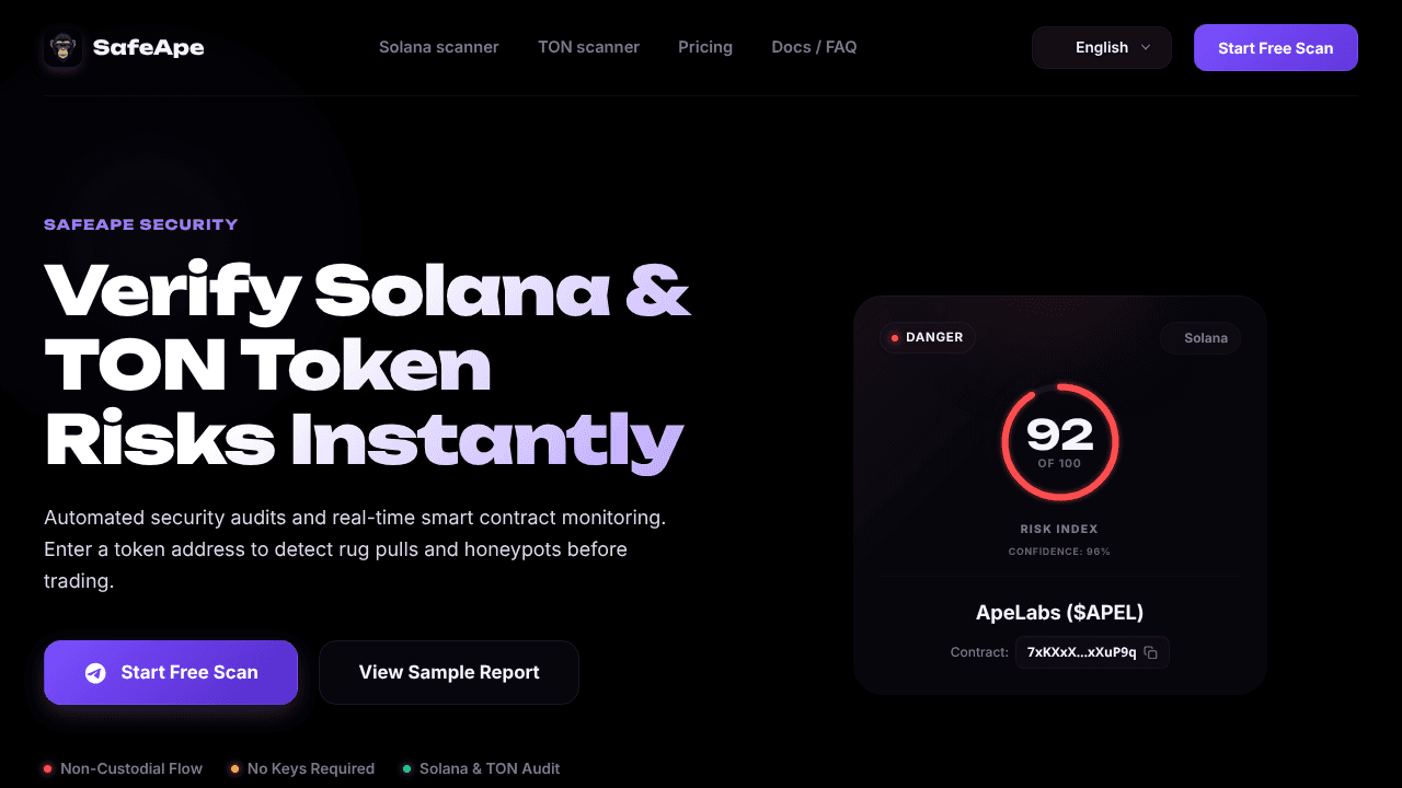 SafeApe - Solana & TON Token Security website screenshot
