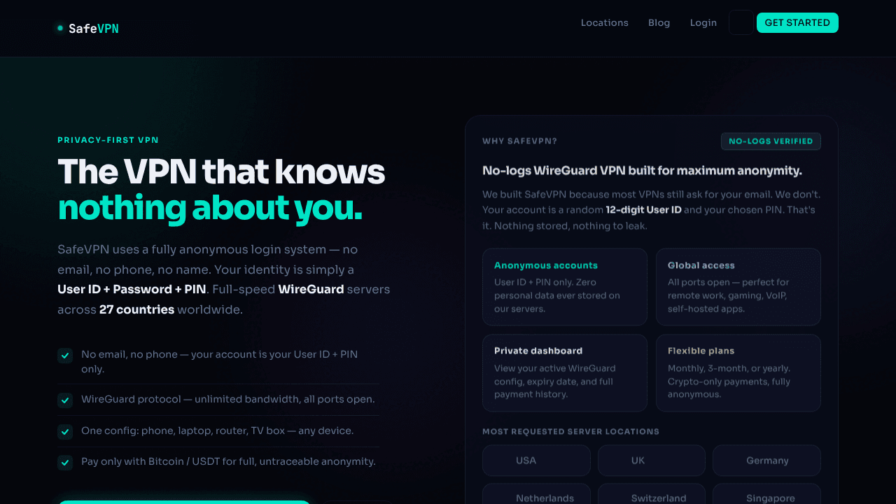 SafeVPN website screenshot
