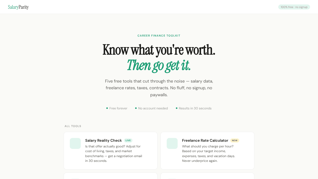 SalaryParity — Free Career Finance Tools website screenshot