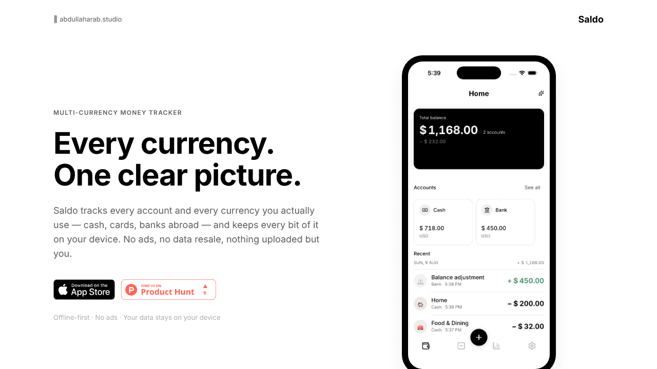 Saldo - Personal Finance website screenshot