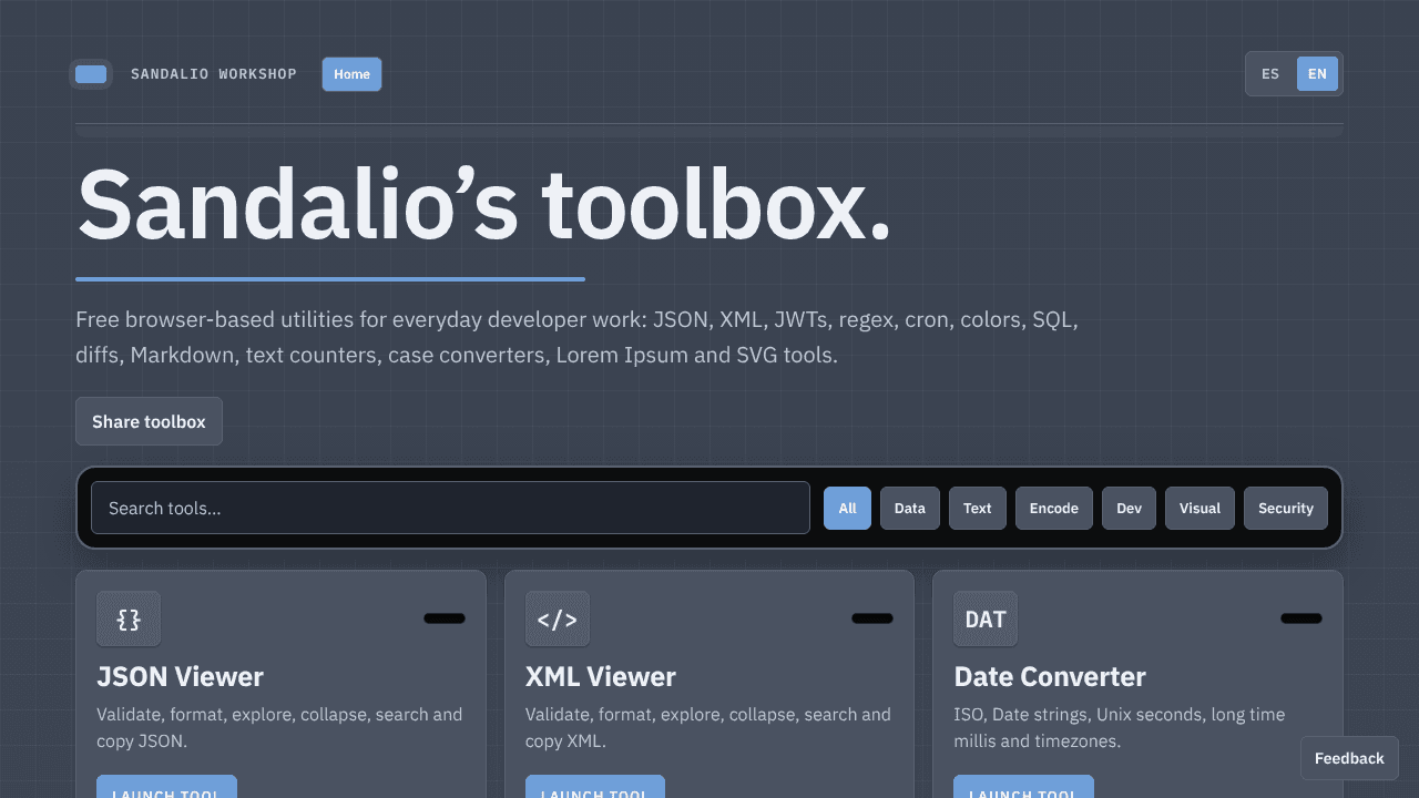 Sandalio Developer Toolbox website screenshot