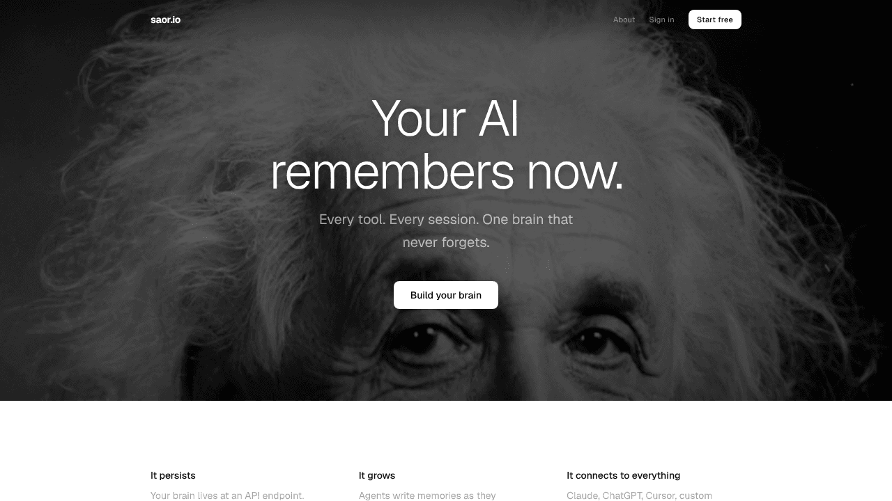 saor.io - Active Memory for All AI website screenshot