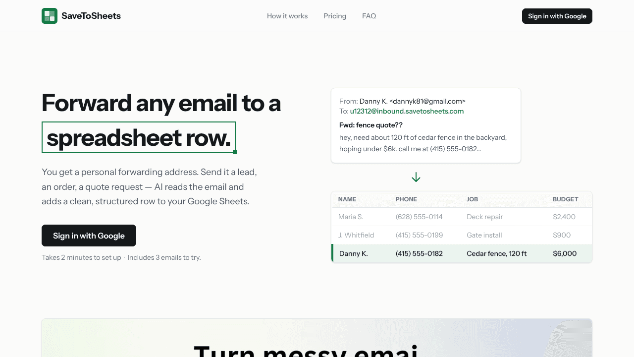 SaveToSheets website screenshot