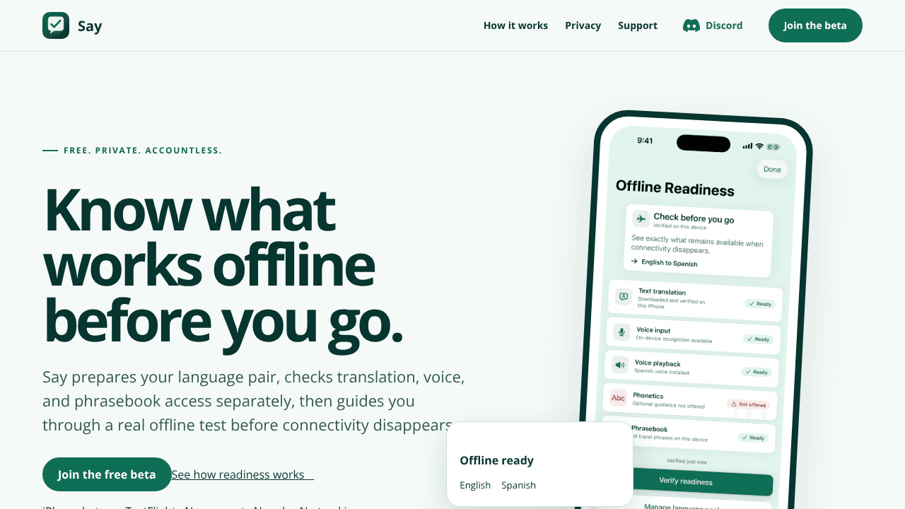 Say — Offline travel translator website screenshot