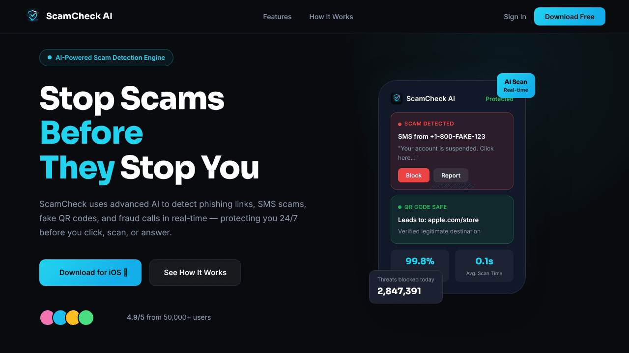 ScamCheck AI - Scam Detector website screenshot