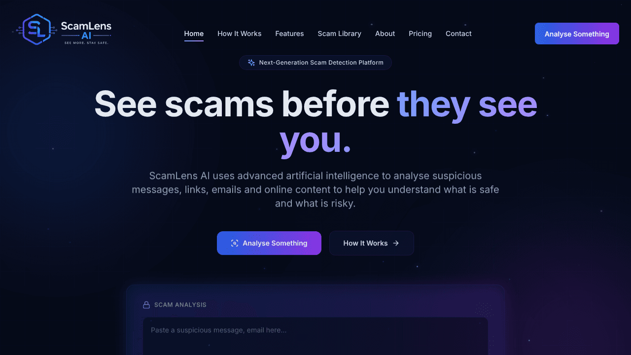 ScamLens AI website screenshot