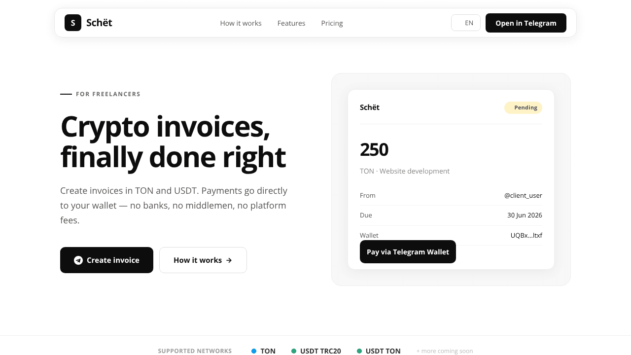 Schёt — Crypto Invoices website screenshot