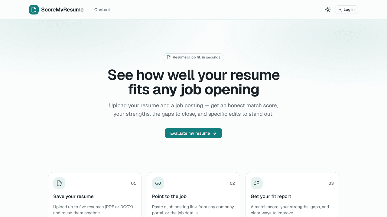 ScoreMyResume · Resume Fit Check website screenshot