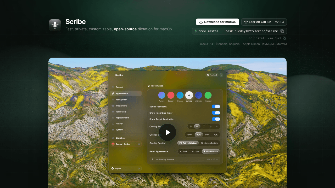Scribe - voice dictation on macOS website screenshot
