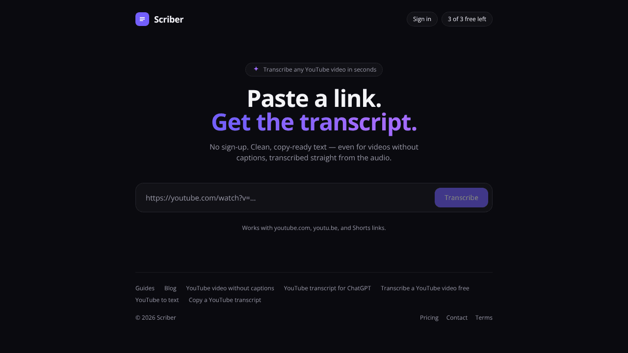 Scriber — YouTube transcripts, instantly website screenshot
