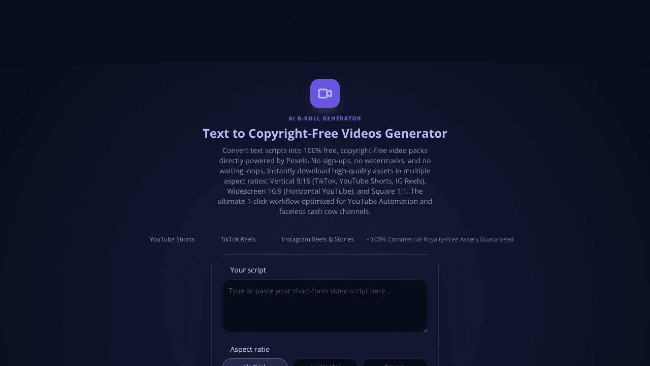 Script to Video Clips Generator website screenshot