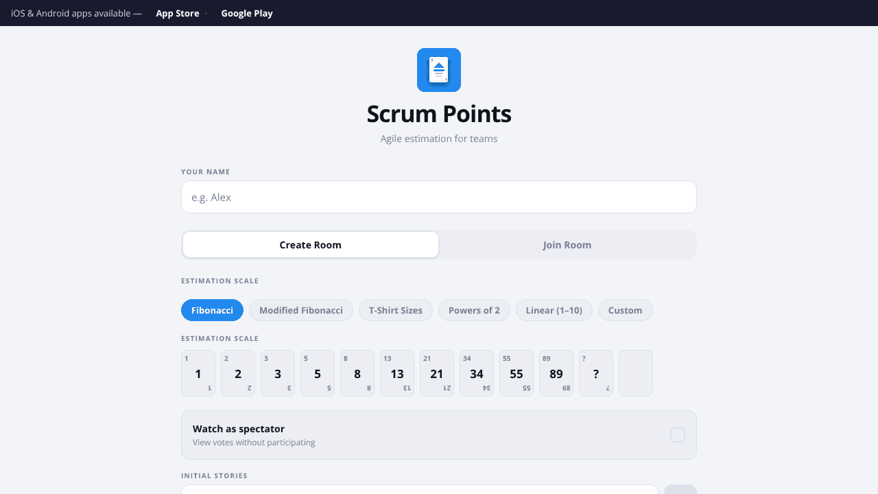 Scrum poker app website screenshot