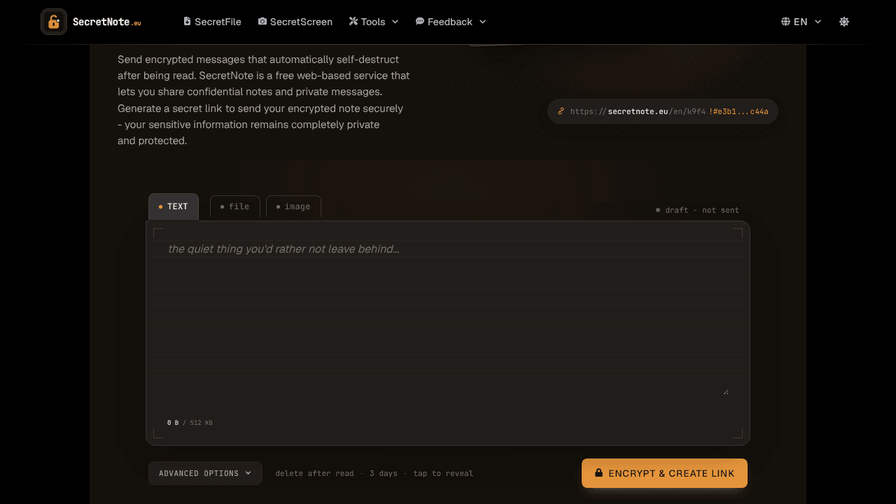 SecretNote website screenshot