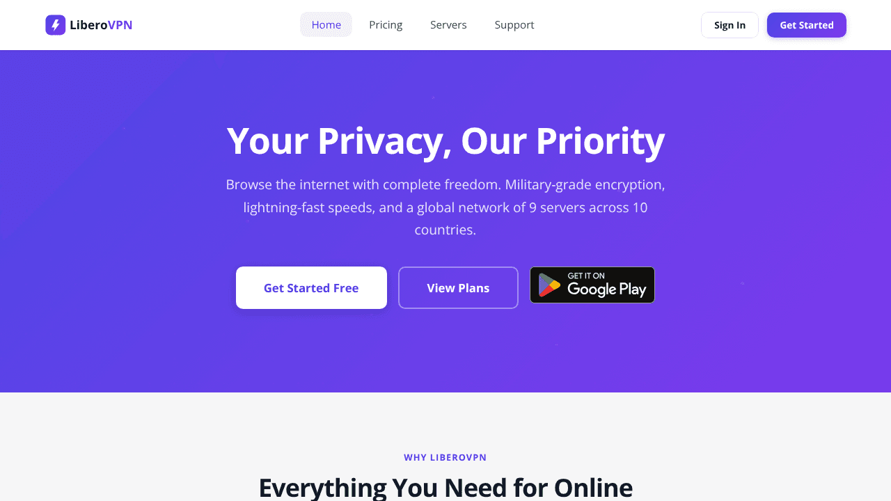 Secure & Fast VPN Service — LiberoVPN website screenshot