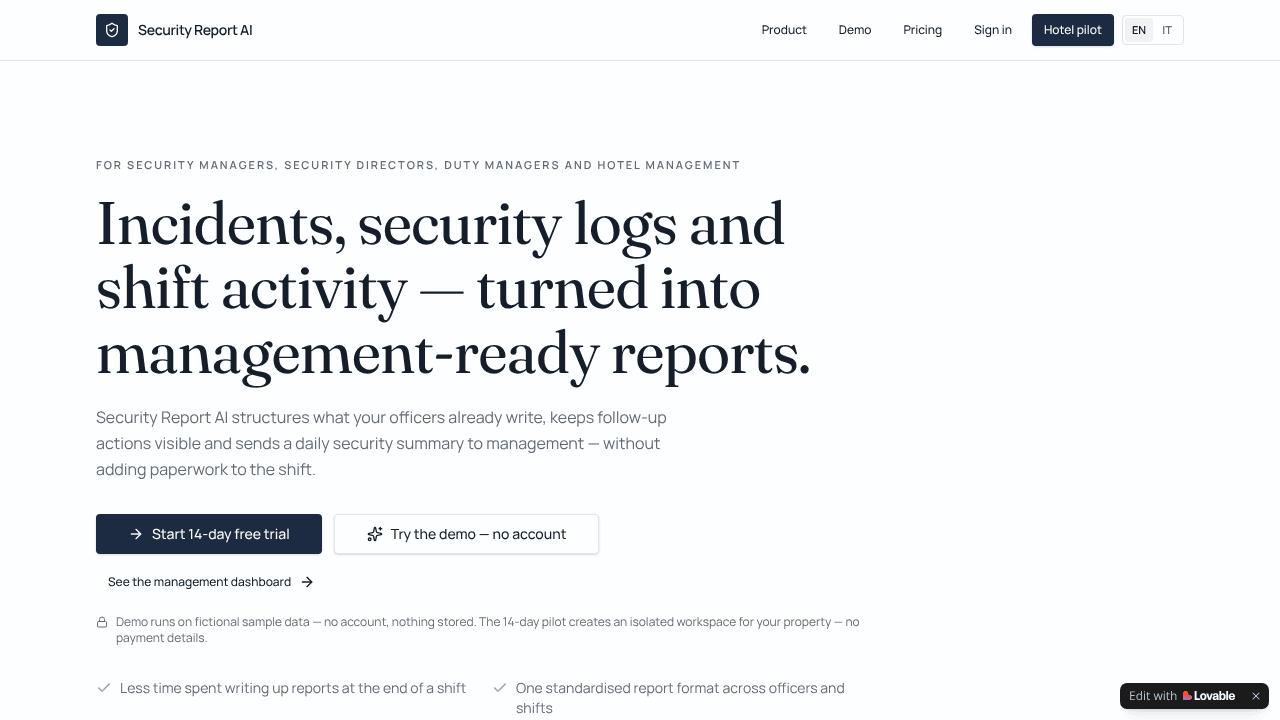 Security Report AI website screenshot