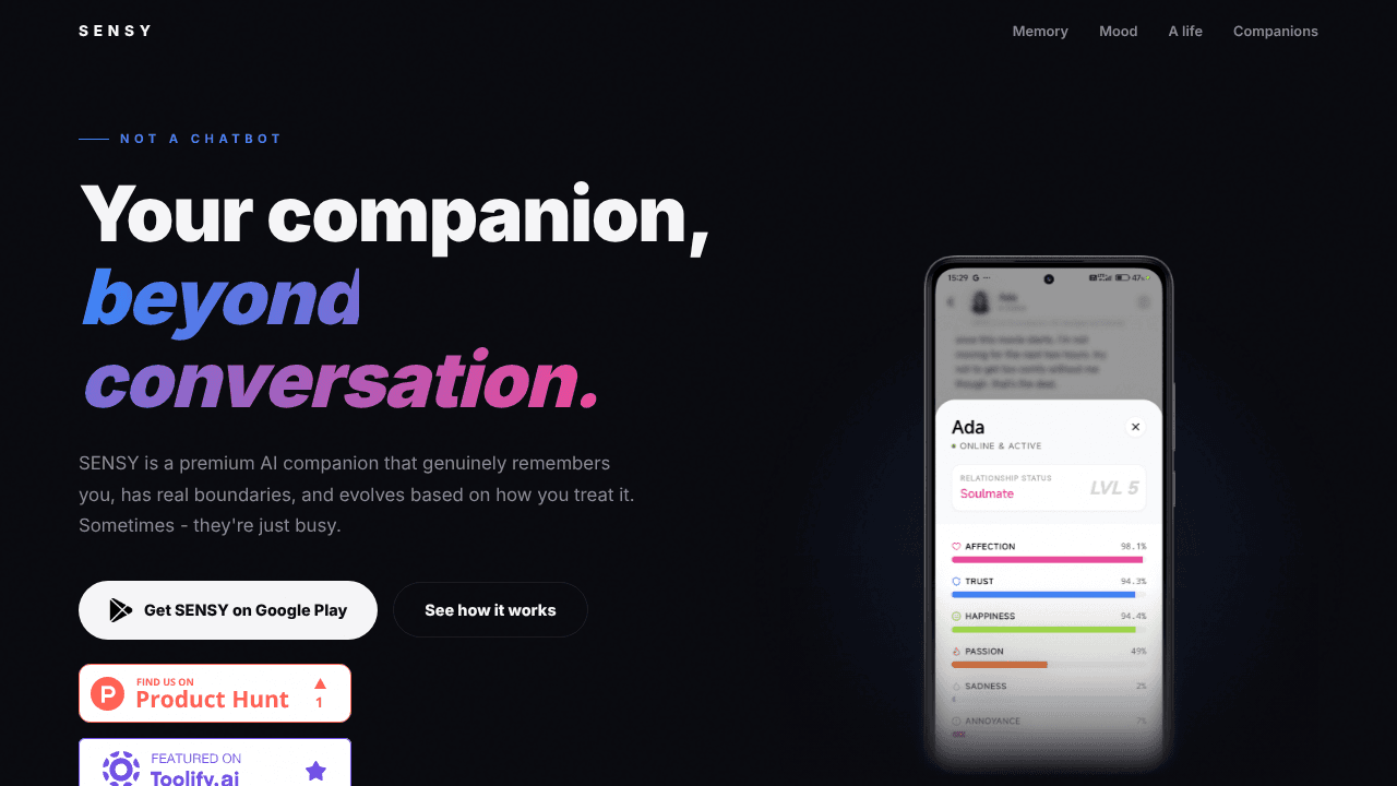 SENSY AI - Real AI Companion website screenshot