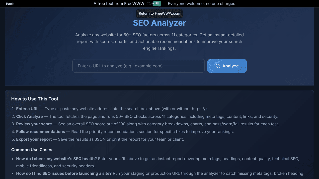 SEO Analyzer on Freewww website screenshot