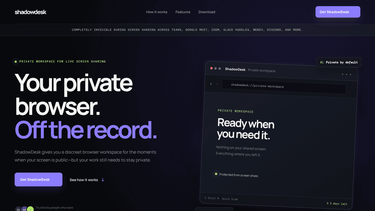 ShadowDesk — Your private browser website screenshot