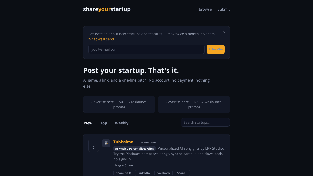 Share Your Startup website screenshot