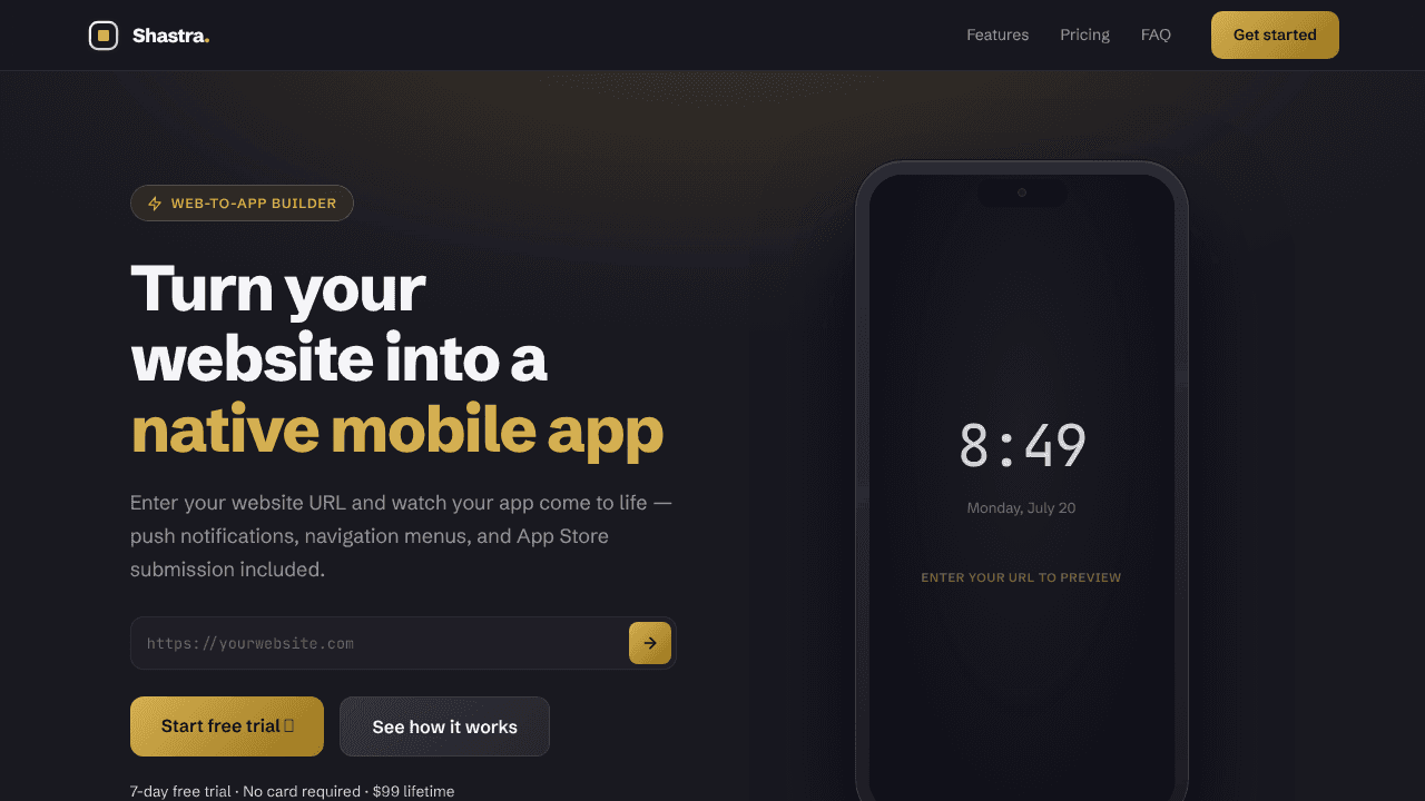 Shastra - Turn websites into mobile apps website screenshot