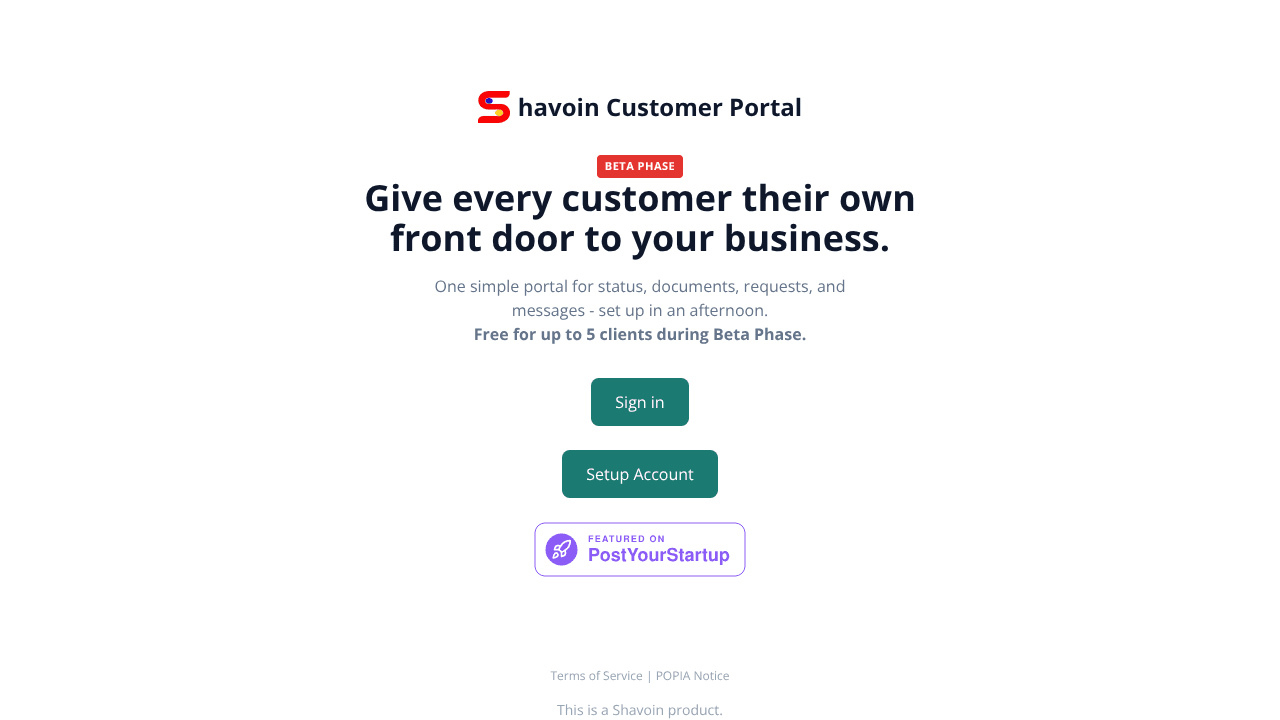 Shavoin Customer Portal website screenshot
