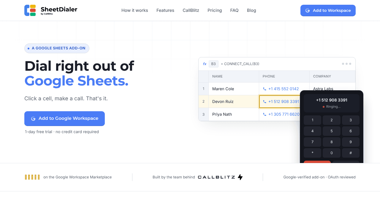 SheetDialer website screenshot