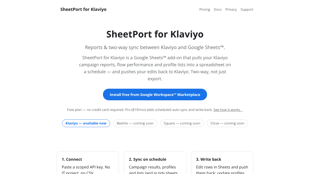 SheetPort for Klaviyo website screenshot