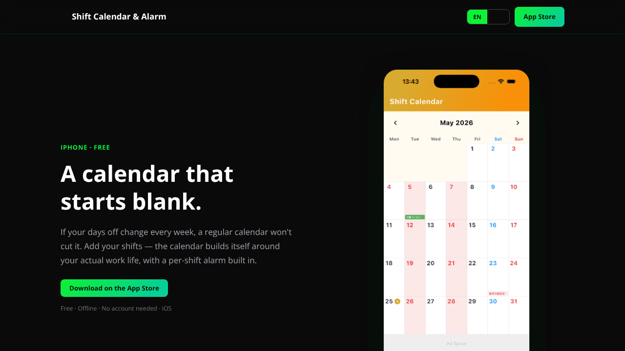 Shift Calendar & Alarm website screenshot