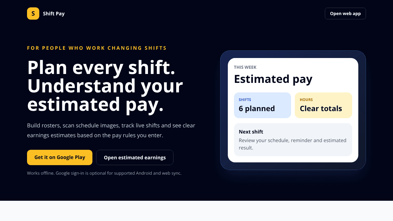 Shift Pay Calculator & Roster website screenshot