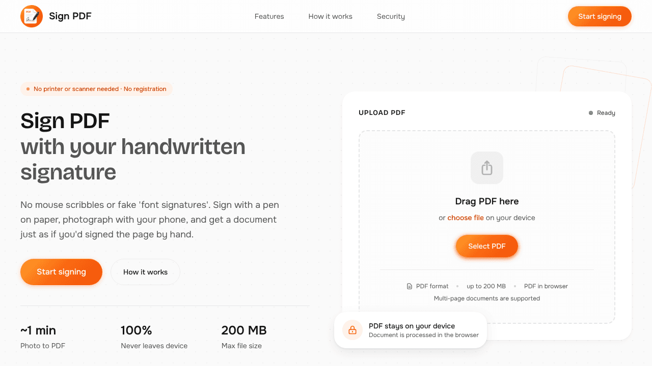 Sign PDF. Add real handwritten signature website screenshot