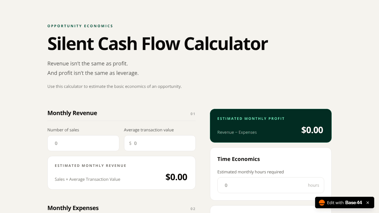 Silent Cash Flow Calculator website screenshot
