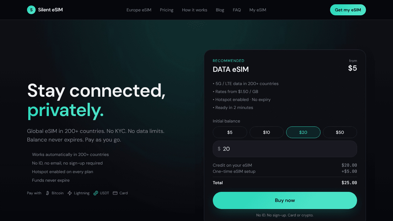 Silent eSIM website screenshot