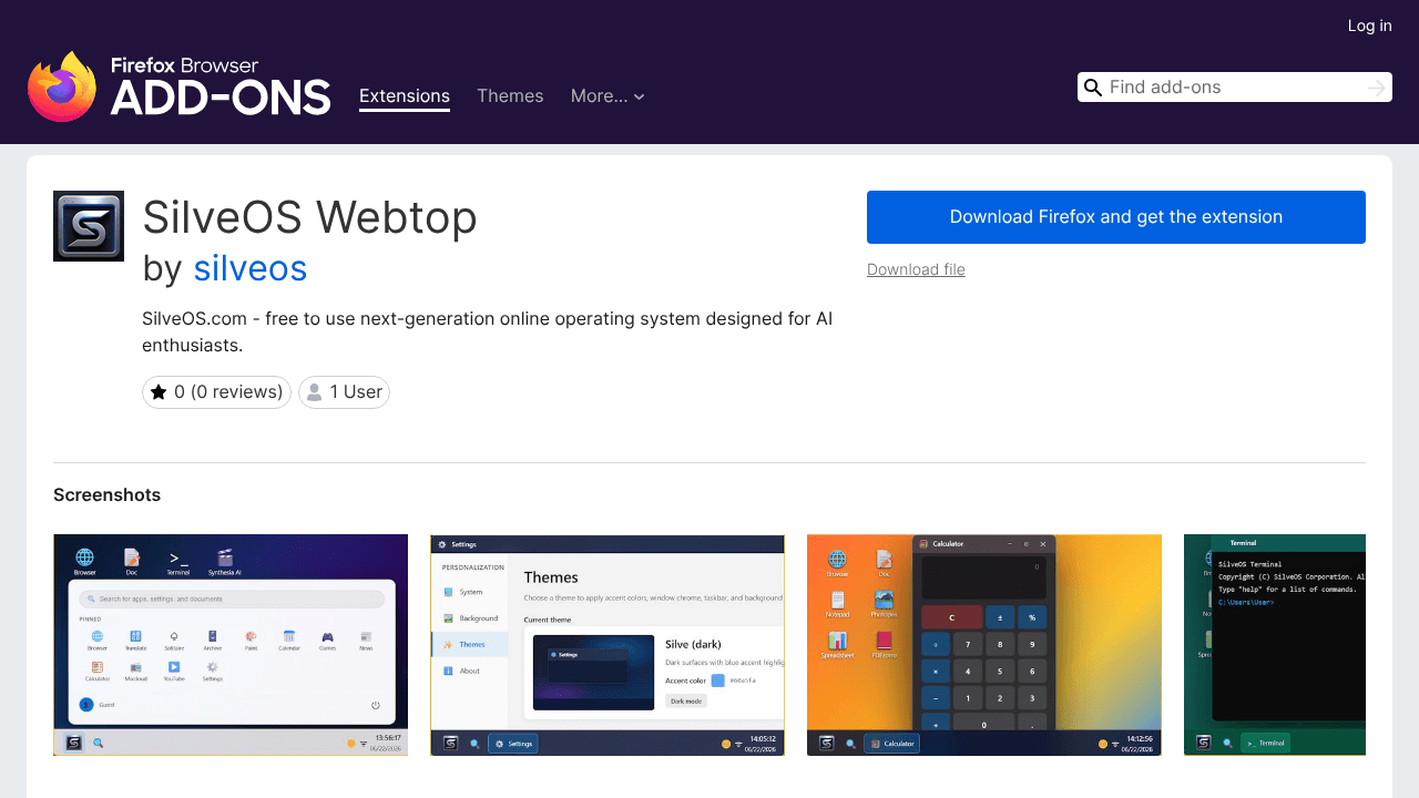 SilveOS Webtop Firefox Add-on website screenshot