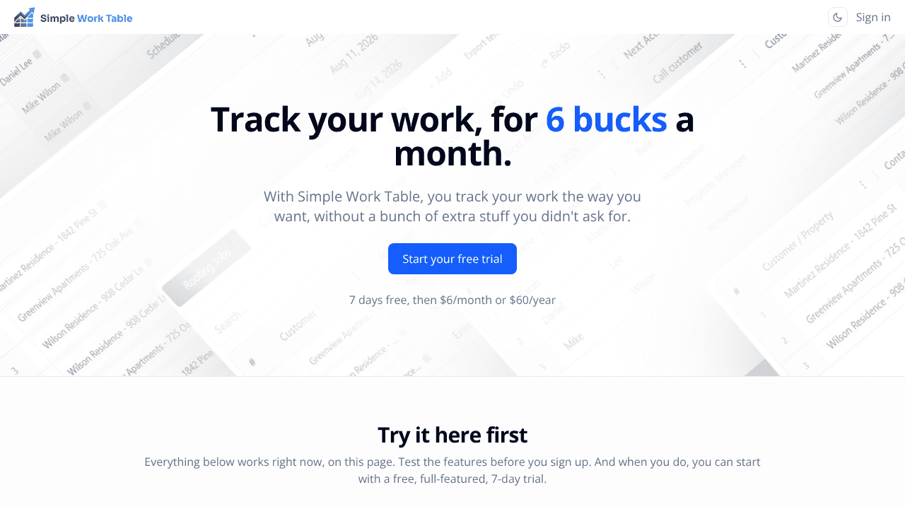 SimpleWorkTable.com [ lead tracker/CRM ] website screenshot