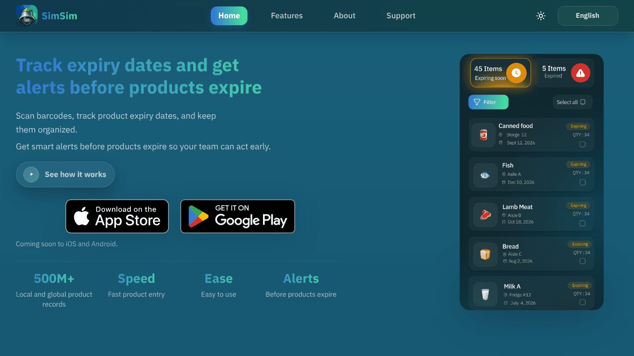 SimSim Expiry Alert website screenshot