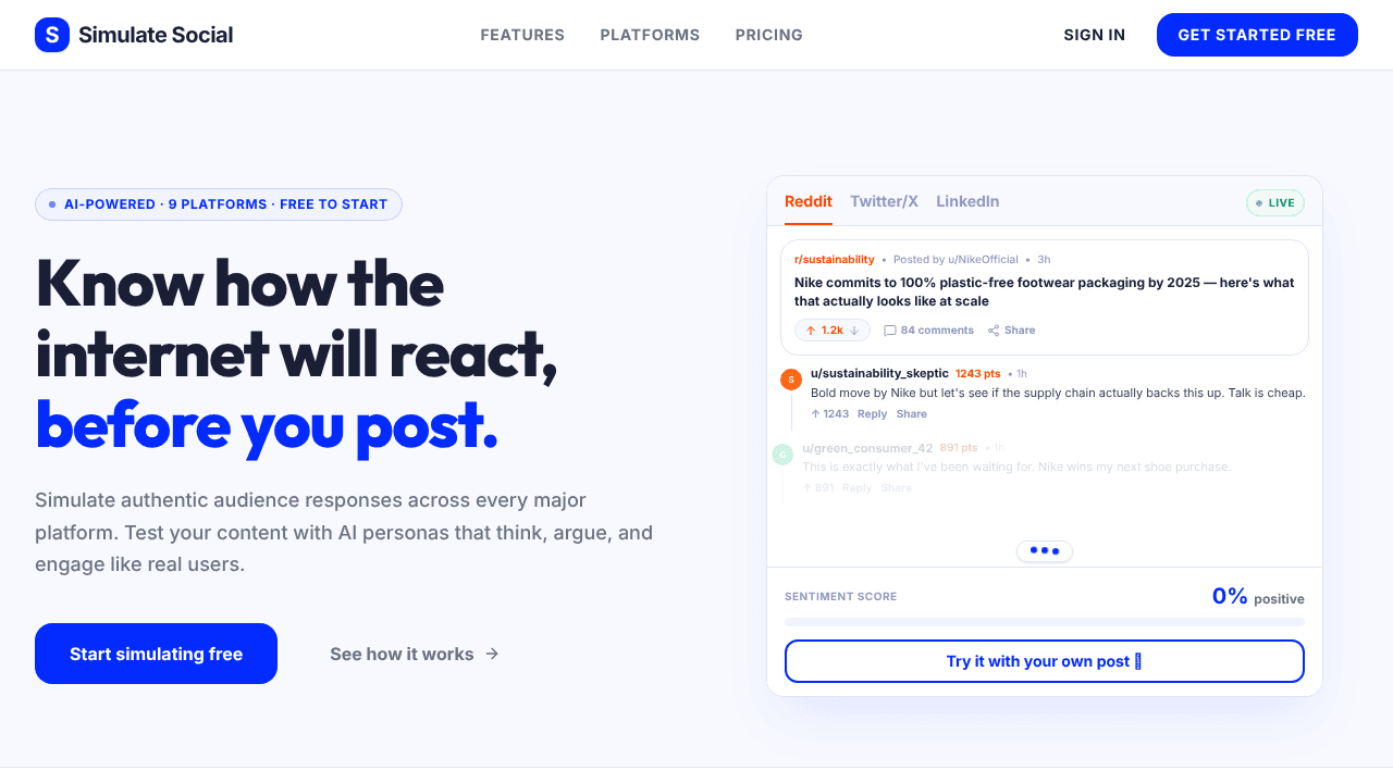 Simulate Social website screenshot