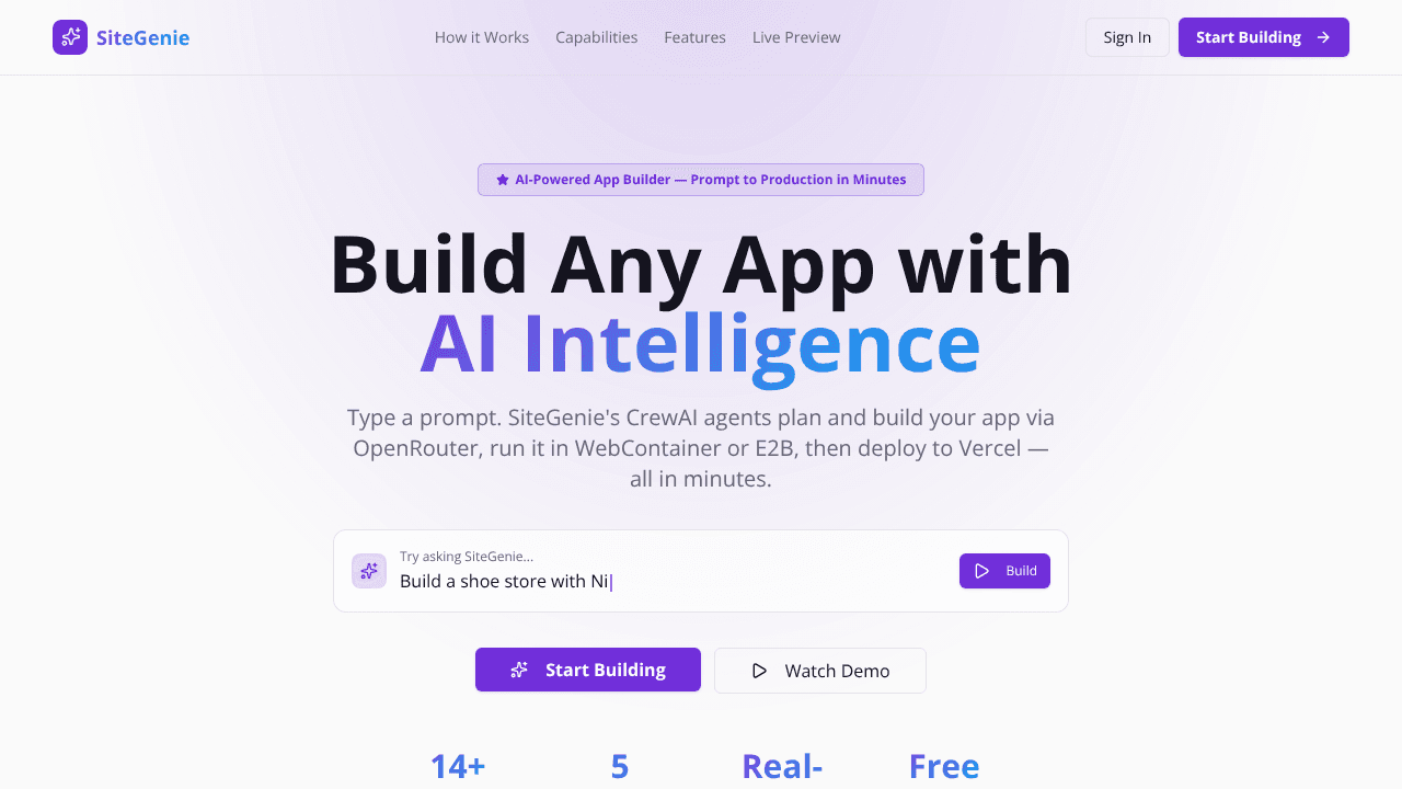 sitegeniebuild website screenshot