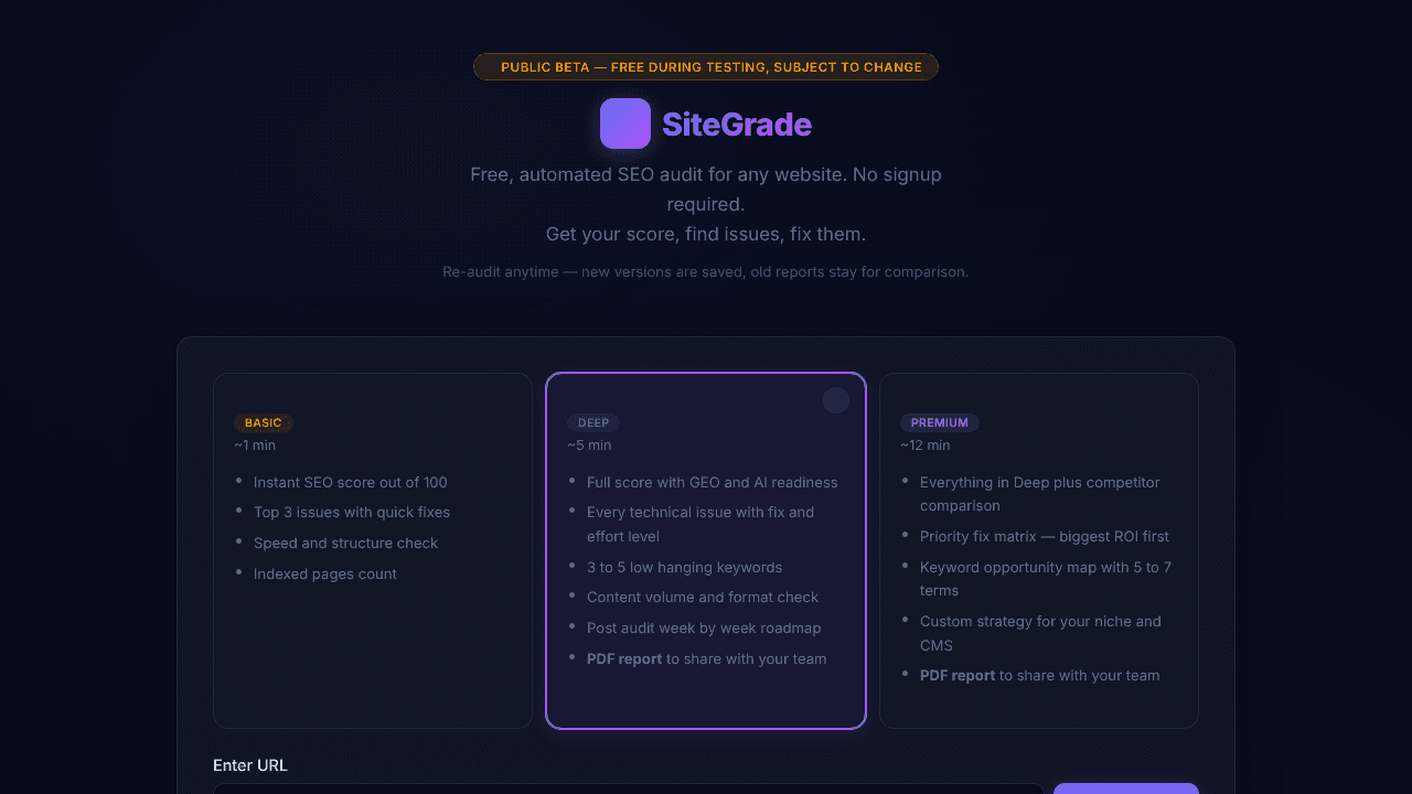 SiteGrade - Free SEO Audit Tool website screenshot