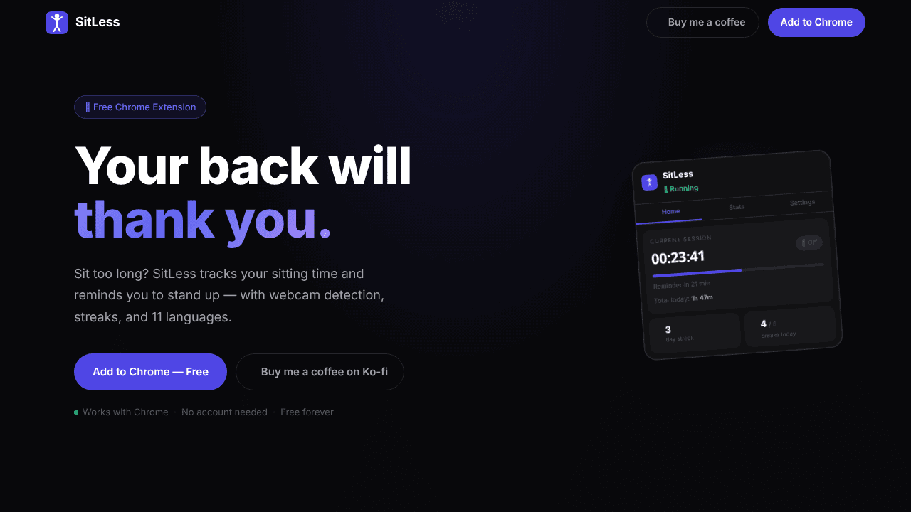 SitLess — Your back will thank you website screenshot
