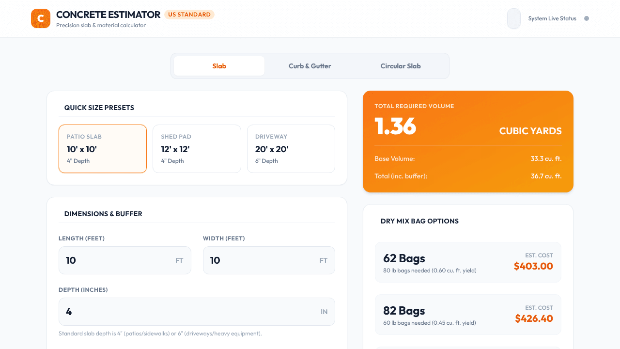 Slab Estimator website screenshot