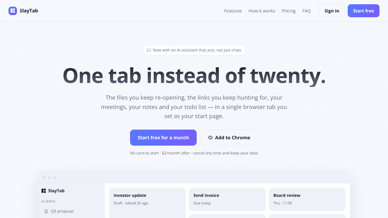 SlayTab - one tab instead of twenty website screenshot