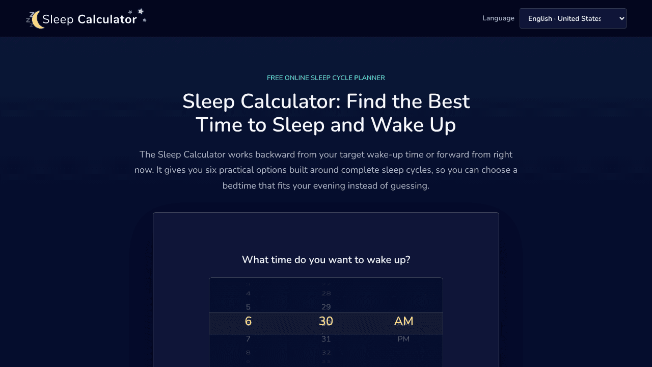 Sleep Calculator website screenshot