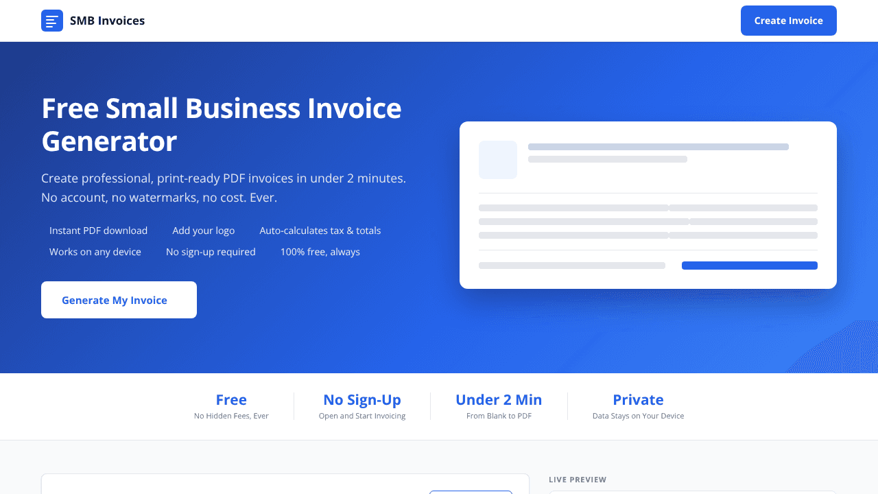 Small Business Invoice Generator website screenshot