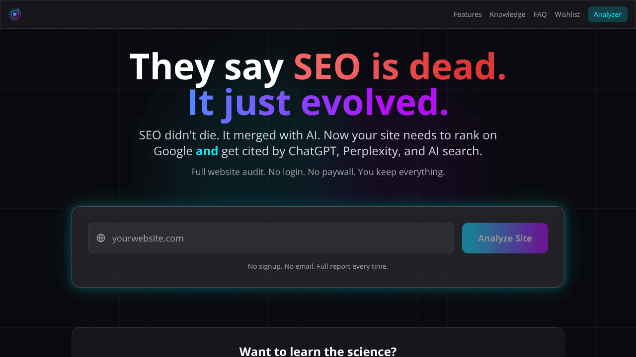 Smart Analytics—Free SEO & AEO Analyzer website screenshot