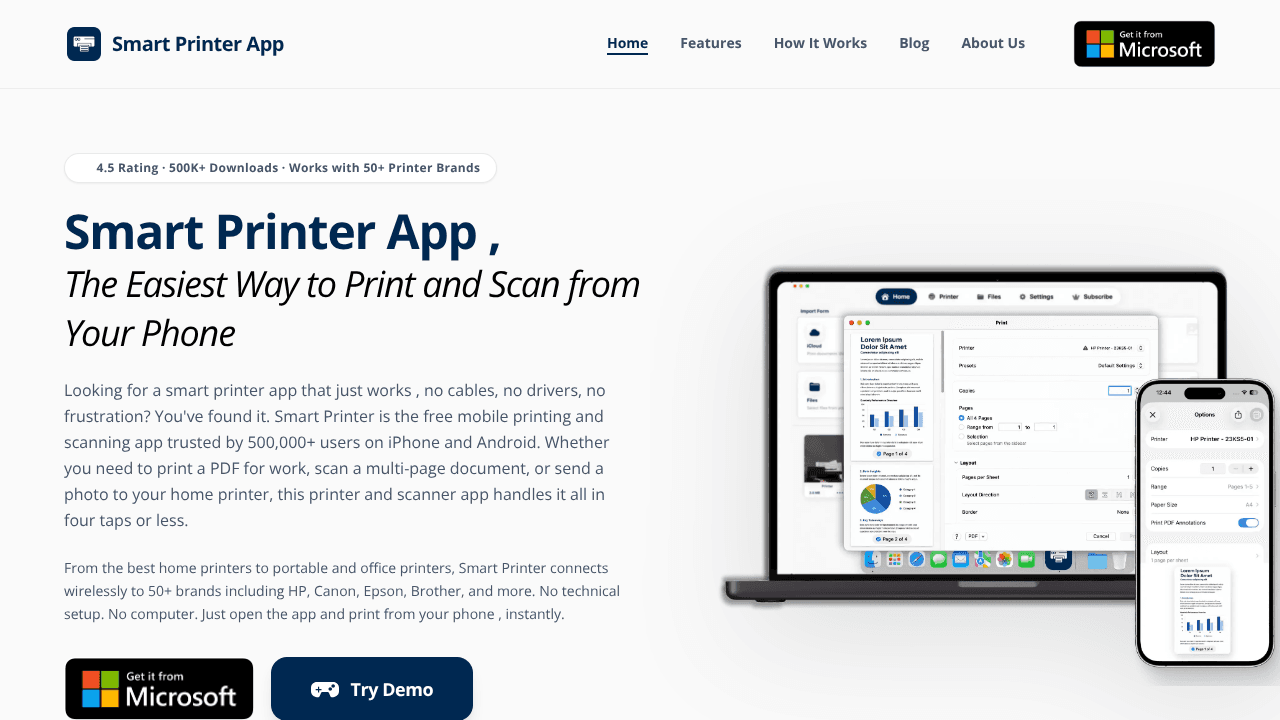 Smart Printer App website screenshot