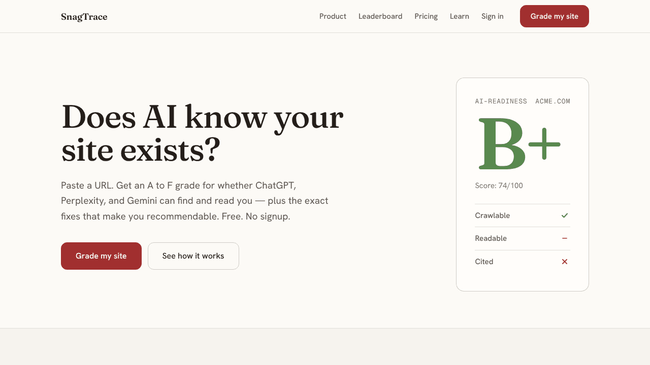 SnagTrace website screenshot
