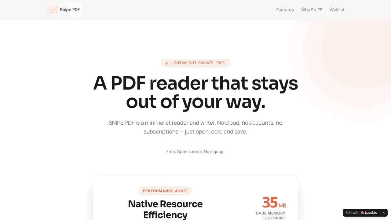 SNIPE PDF - Minimalist And Secure PDFs website screenshot