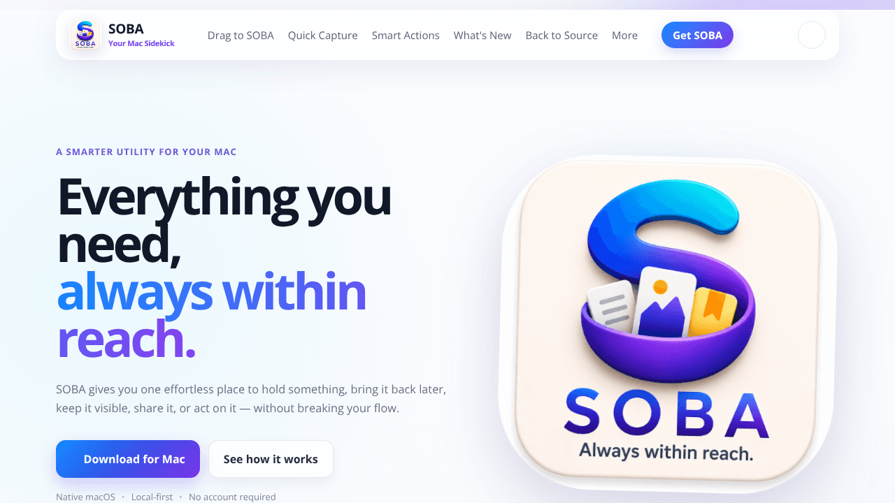 SOBA — Always within reach. website screenshot
