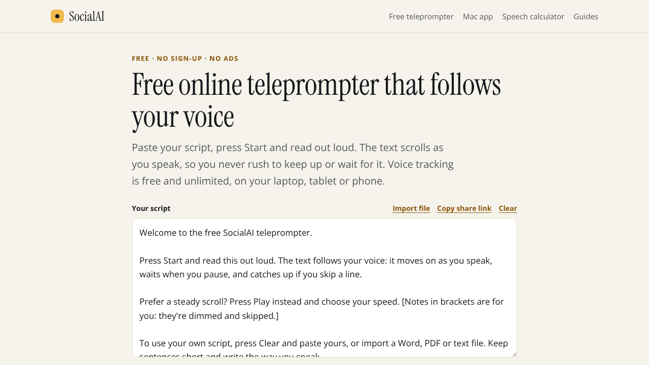 SocialAI Teleprompter website screenshot